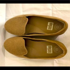 Tan crystal suede FitFlop loafers.